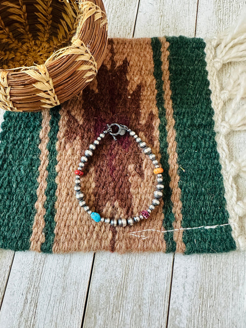Navajo Sterling Silver Pearl, Spiny & Turquoise Beaded Bracelet