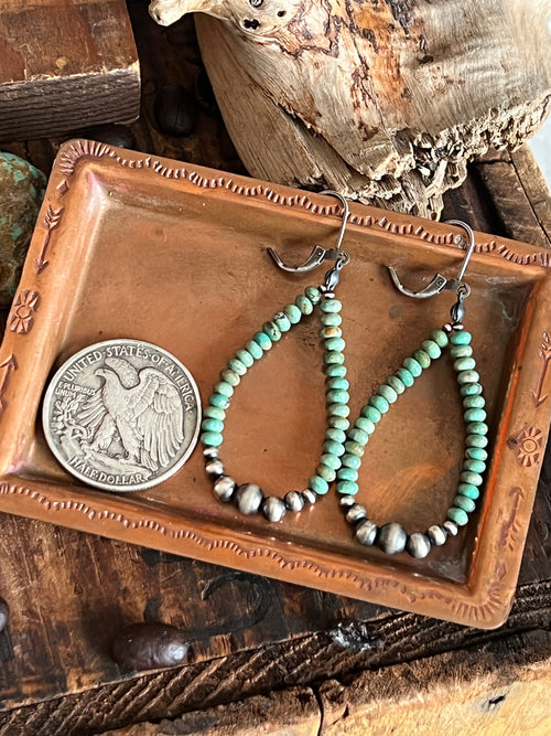 Handcrafted Sterling Silver and Turquoise Beaded Drop Hoop Earrings, Leverback