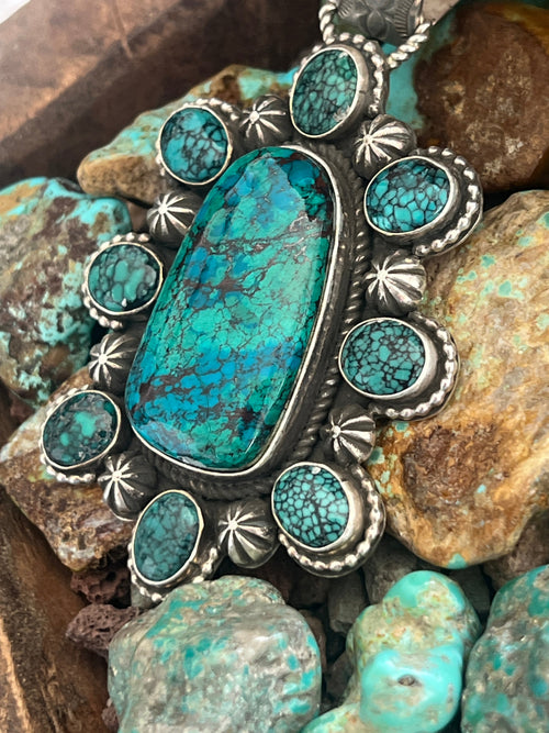 Apache Made Sterling Silver, Hubei Turquoise & Chrysocolla Cluster Pendant by Rosella Paxson