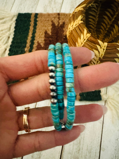 Navajo Turquoise & Sterling Silver Pearl Beaded Wrap Bracelet