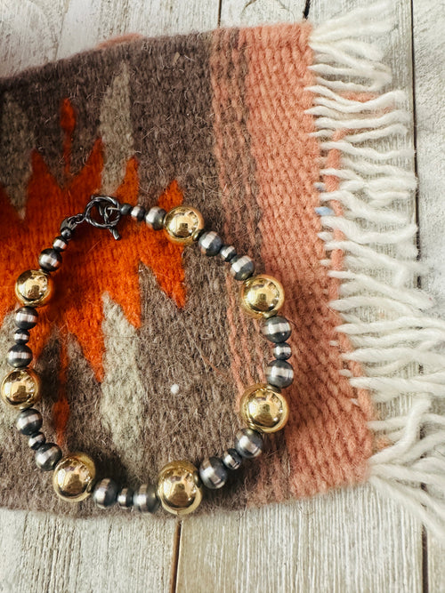 Navajo Gold Filled Sterling & Sterling Silver Pearl Beaded Bracelet