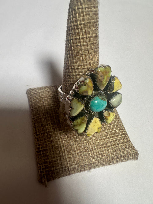 Beautiful Handmade Sonoran Mountain Turquoise, Palomino Turquoise And Sterling Silver Adjustable Heart Ring