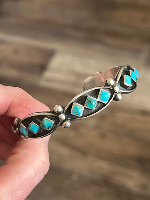 Vintage Zuni Sterling Silver and Three Diamond Turquoise Panel Stacker Cuff Bracelet