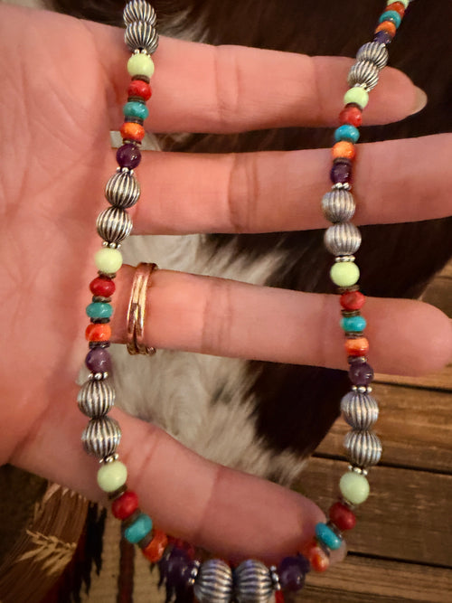 Handcrafted Multi Stone & Sterling Silver 18” Beaded Necklace