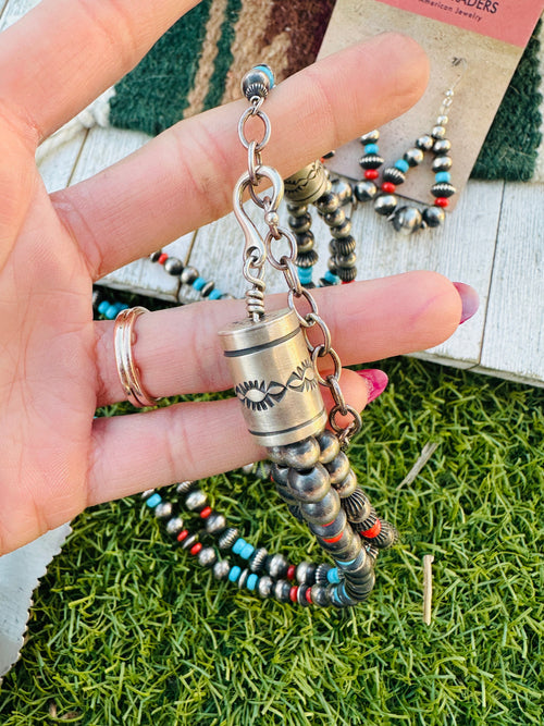 Handcrafted Old Pawn Turquoise, Spiny Oyster & Sterling Silver Beaded Necklace and Earring Set, Signed J