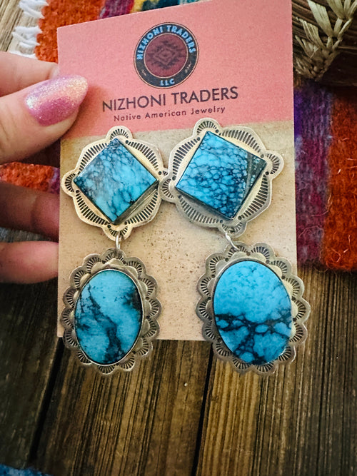 Handcrafted Old Pawn Sterling Silver & Turquoise Dangle Earrings