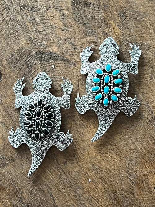 Handcrafted Sterling Silver and Stone Horned Toad Pin and Pendant by Lee Charley, Turquoise or Onyx