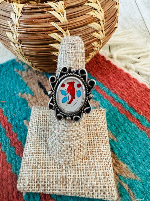 Old Pawn Vintage Zuni Sterling Silver & Multi Stone Inlay Bird Ring Size 5.5