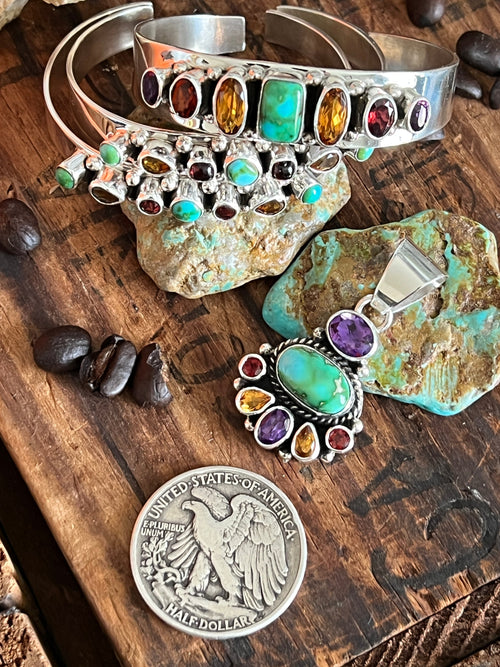 Navajo Made Sterling Silver Gems & Jewels Stacker Cuffs Bracelet by Lucy Jake, Narrow