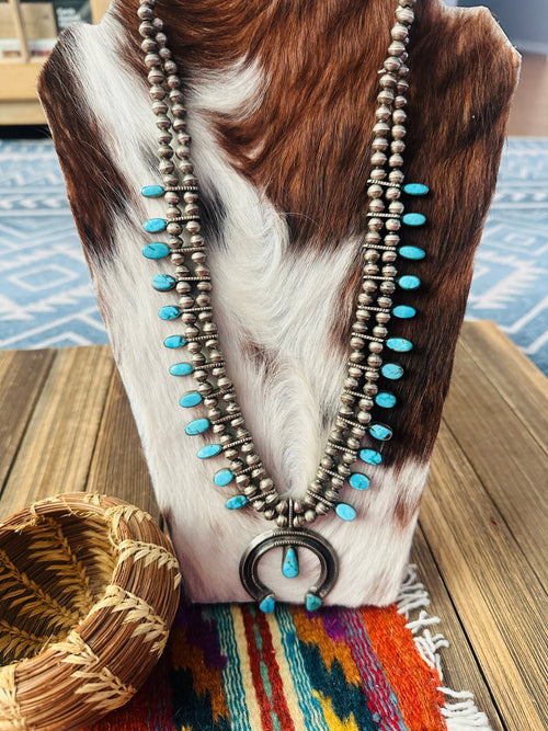 Old Pawn Handcrafted Turquoise & Sterling Silver Squash Blossom Necklace