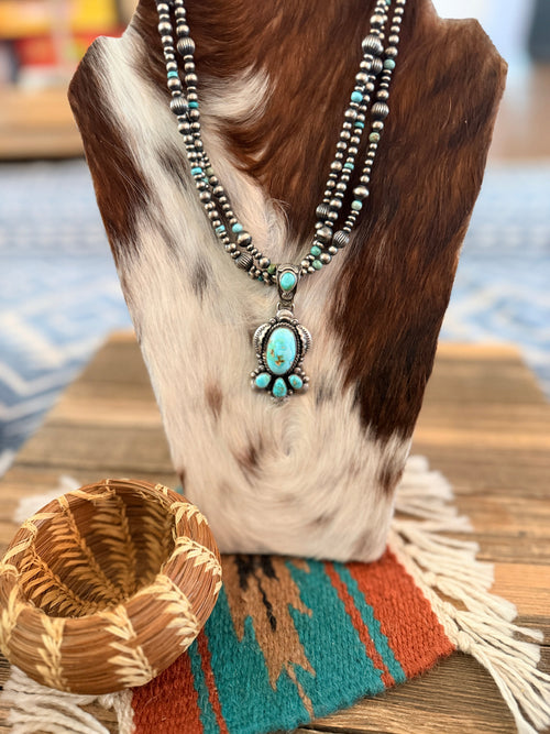 Handcrafted Sonoran Mountain Turquoise & Sterling Silver Beaded Necklace by Gilbert Tom