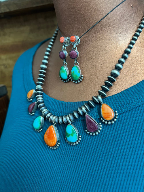 Navajo Made Sterling Silver Electric Rainbow Beaded Drop Charm Necklace & Earrings Set by Loretta Delgarito