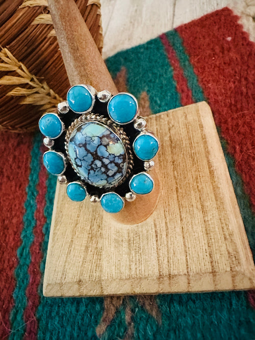 Navajo Sterling Silver & Turquoise Cluster Adjustable Ring