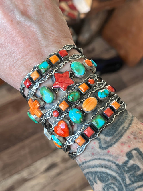 Loretta Delgarito Sterling Silver Electric Rainbow Link Turquoise and Spiny Oyster Heart Bracelet