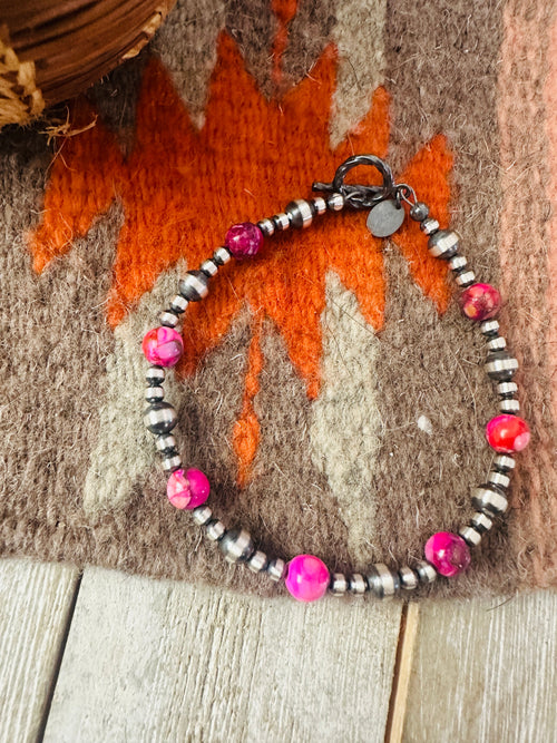 Navajo Pink Mojave and Sterling Silver Pearl Beaded Bracelet