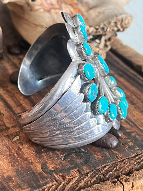 Vintage Cast Sterling Silver and Turquoise Flower Motif Cuff Bracelet