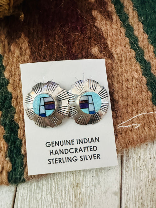 Old Pawn Navajo Sterling Silver & Multi Stone Inlay Post Earrings by Gary Arviso