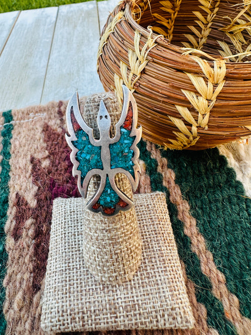 Old Pawn Handcrafted Turquoise, Coral & Sterling Silver Inlay Waterbird Ring Size 5.75