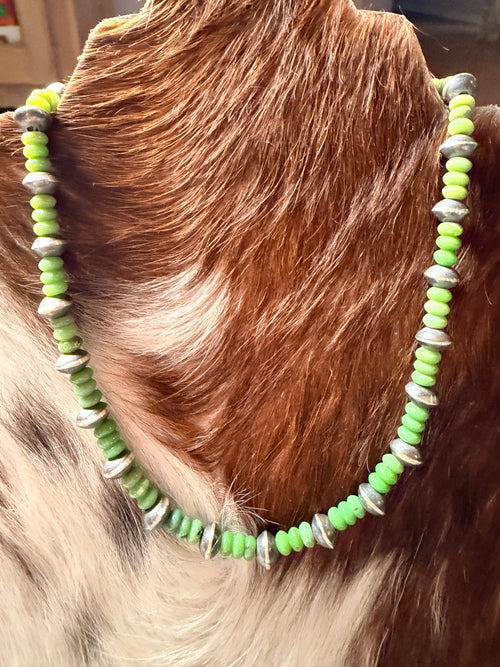 Handcrafted Green Turquoise & Sterling Silver Saucer Beaded 16” Necklace