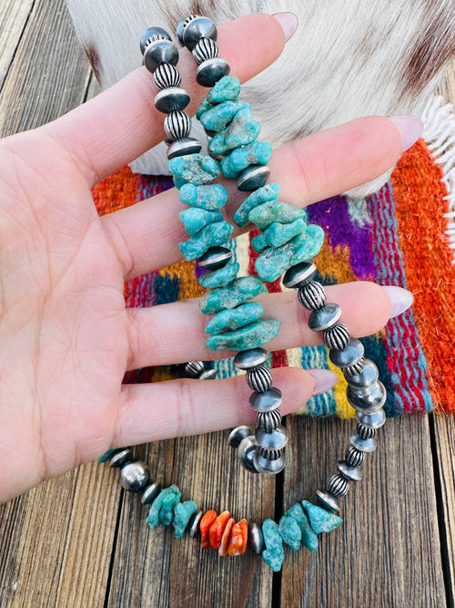 Handcrafted Turquoise, Spiny & Sterling Silver 24” Beaded Necklace by Chimney Butte