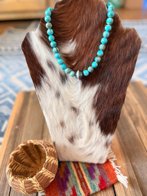 Handcrafted Turquoise & Sterling Silver Beaded 14” Necklace