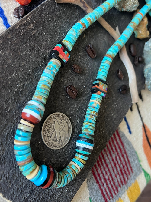 Ronald Chavez Handcrafted Turquoise Heishi Beaded Santo Domingo Necklace with Layered Bead Accents