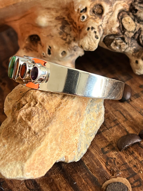Navajo Made Sterling Silver Gems & Jewels Stacker Cuff Bracelet by Lucy Jake, Wider
