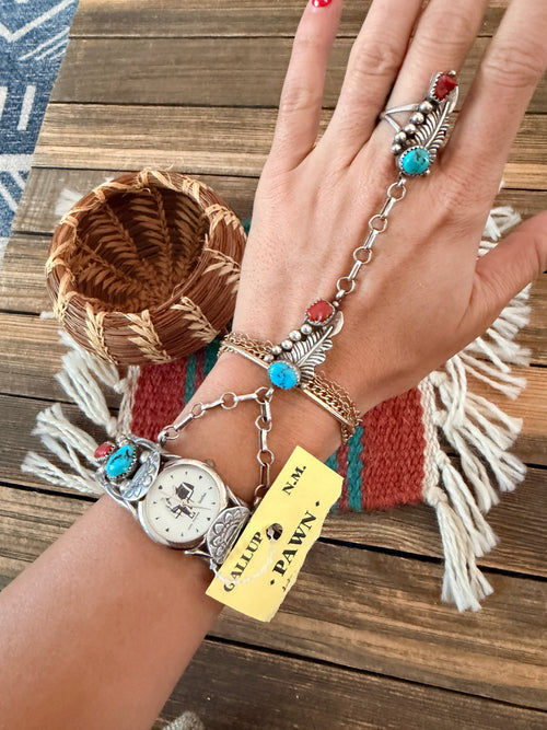 Handcrafted Old Pawn Turquoise, Coral & Sterling Silver Watch Cuff with Hand Chain
