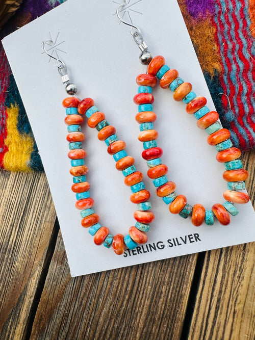 Handcrafted Orange Spiny, Turquoise & Sterling Silver Beaded Dangle Hoop Earrings