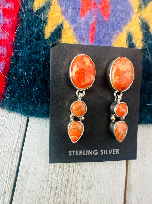 Navajo Sterling Silver Apple Coral Dangle Earrings