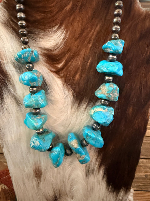 Old Pawn Handcrafted Turquoise & Sterling Silver Pearl Beaded 18” Necklace