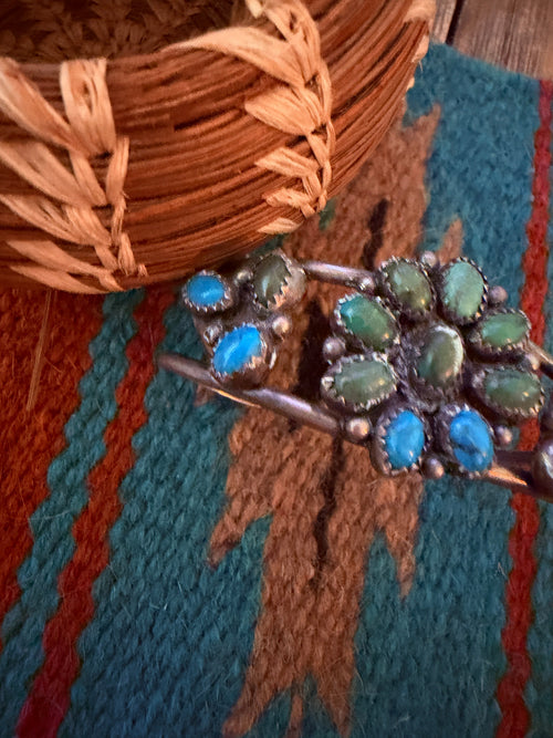 Handcrafted Old Pawn Sterling Silver & Turquoise Cluster Cuff Bracelet