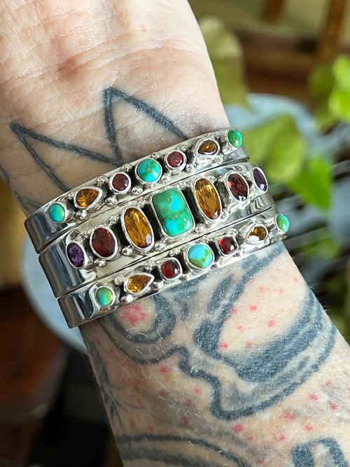Navajo Made Sterling Silver Gems & Jewels Stacker Cuff Bracelet by Lucy Jake, Wider