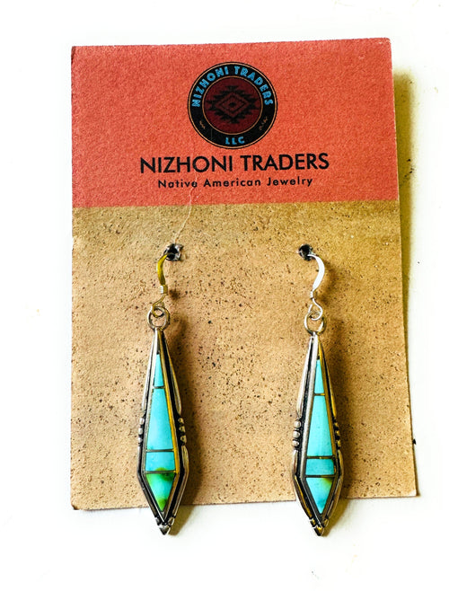 Navajo Sonoran Mountain Turquoise And Sterling Silver Inlay Dangle Earrings