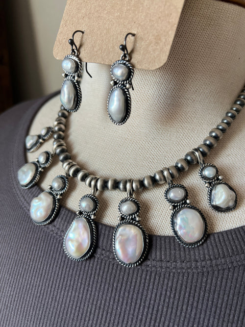 Sterling Silver and Freshwater Pearl Beaded Necklace & Earrings Set by Loretta Delgarito