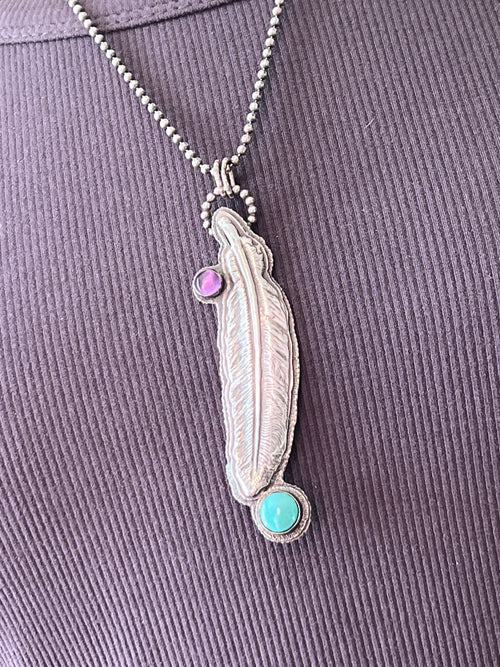 Tularosa Sterling Silver, Turquoise & Amethyst Feather Necklace