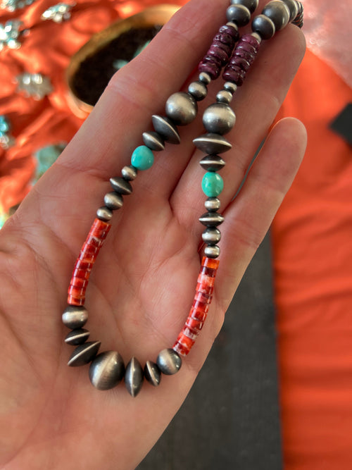 Navajo Electric Rainbow Sterling Silver, Turquoise and Spiny Oyster Single Strand Beaded Necklace by Rose Martin, 18 + 2 Inches