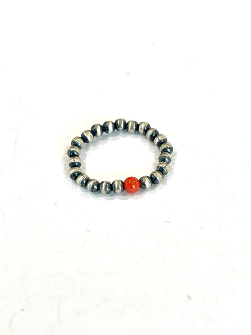 VENICE Handmade Sterling Silver Navajo Pearl Style Coral Beaded Stretch Ring