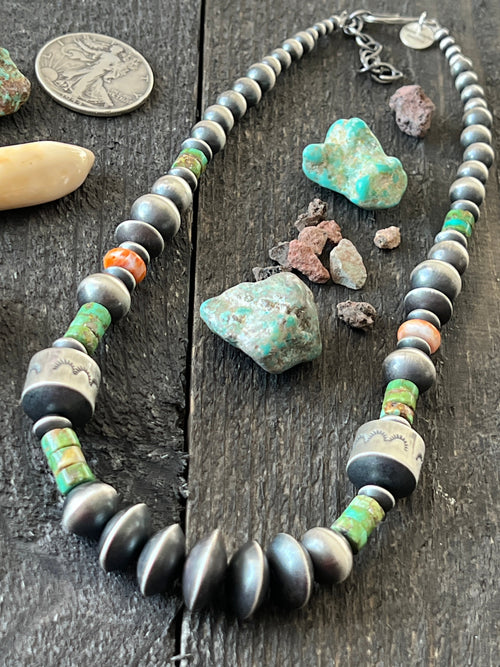 Navajo Made Electric Rainbow Sterling Silver, Turquoise and Spiny Oyster Single Strand Beaded Necklace by Rose Martin, X-tra Chunk, 18 + 2 Inches