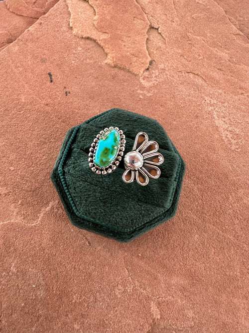 Beautiful Handmade Sonoran Mountain Turquoise And Sterling Silver Adjustable Flower Ring