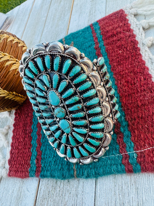 Handcrafted Old Pawn Sterling Silver & Kingman Turquoise Cluster Cuff Bracelet
