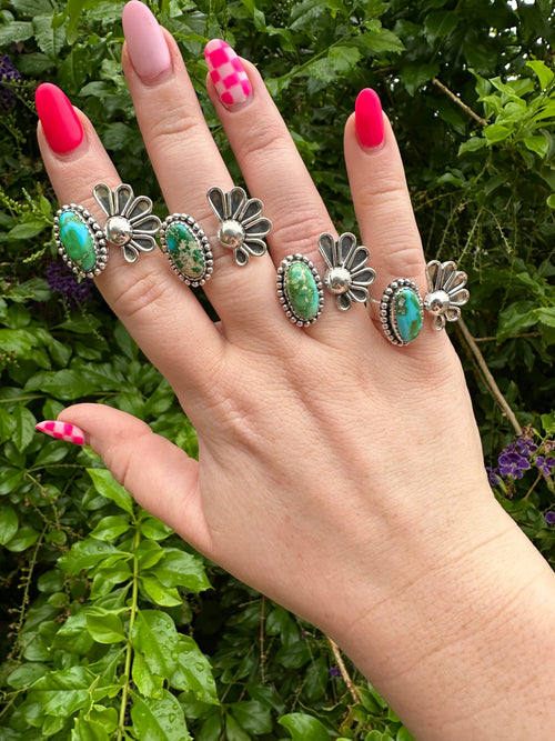 Beautiful Handmade Sonoran Mountain Turquoise And Sterling Silver Adjustable Flower Ring