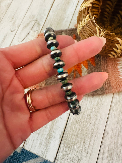 Navajo Turquoise & Sterling Silver Pearl Beaded Stretch Bracelet