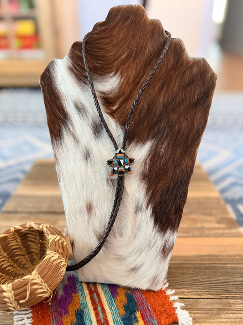 Handcrafted Vintage Old Pawn Sterling Silver & Multi Stone Inlay Thunderbird Bolo Tie