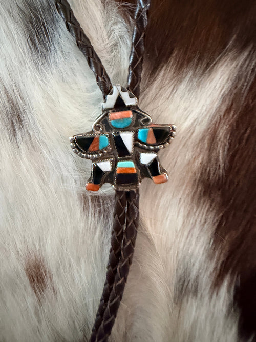 Handcrafted Vintage Old Pawn Sterling Silver & Multi Stone Inlay Thunderbird Bolo Tie