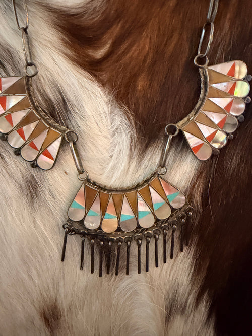 Old Pawn Handcrafted Sterling Silver and Multi Stone Inlay Necklace