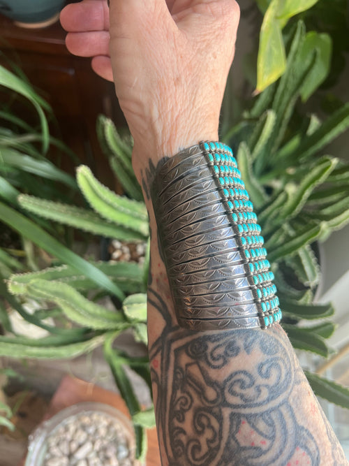 Stunning Old Pawn 15 Row Zuni Sterling Silver & Turquoise Gauntlet Style Cuff Bracelet by Clark Couyancy