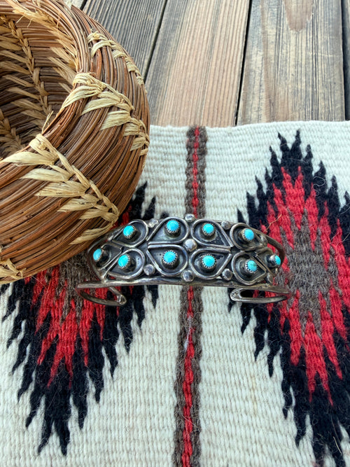 Handcrafted Old Pawn Sterling Silver & Turquoise Petit Point Cuff Bracelet