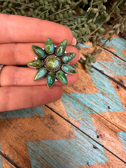 Beautiful Handmade Sonoran Mountain Turquoise And Sterling Silver Cluster Adjustable Ring