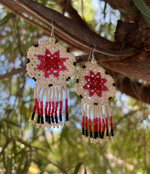 Handmade MultiColor Beaded Dangle Earrings (White, Red, & Black)